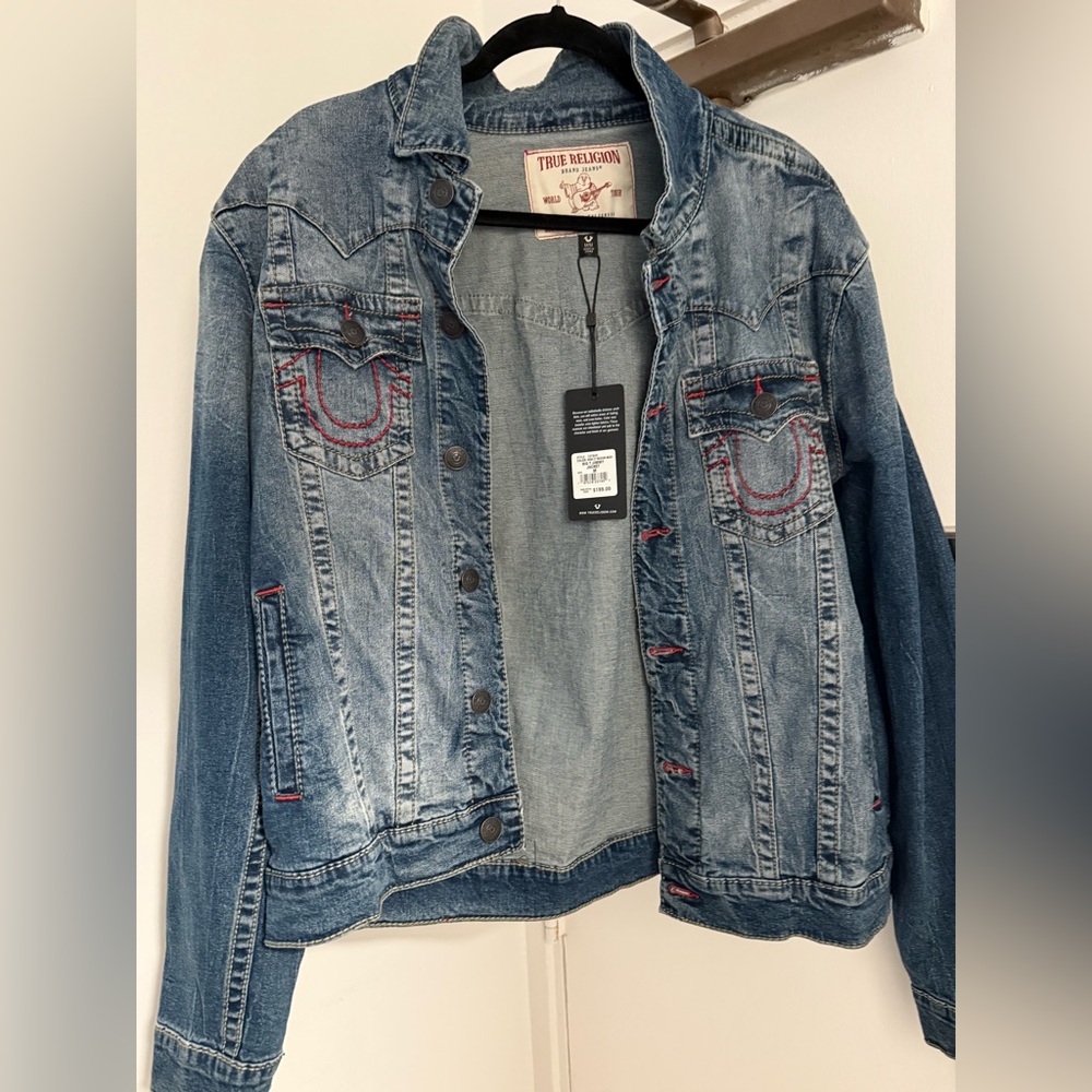 NWT True Religion Men’s Blue Denim Jacket with Red Accents, Size M, $199